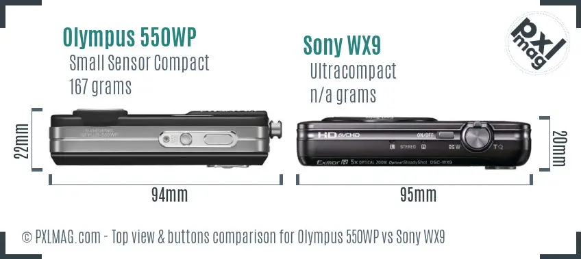 Olympus 550WP vs Sony WX9 top view buttons comparison