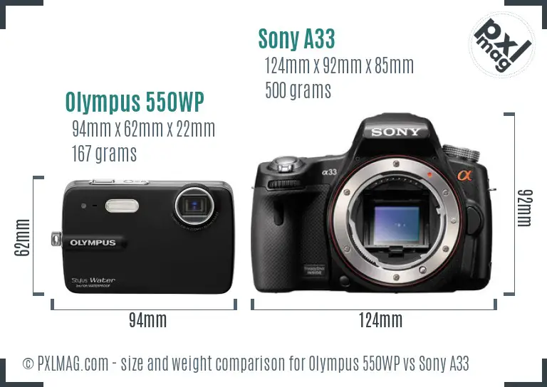 Olympus 550WP vs Sony A33 size comparison