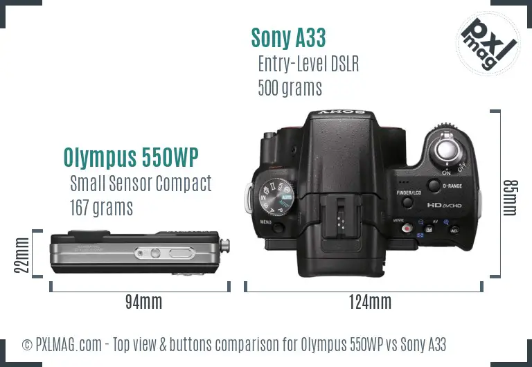 Olympus 550WP vs Sony A33 top view buttons comparison