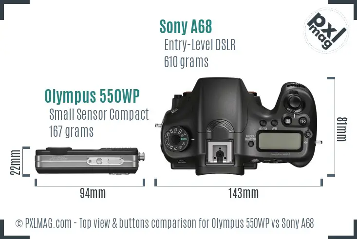 Olympus 550WP vs Sony A68 top view buttons comparison