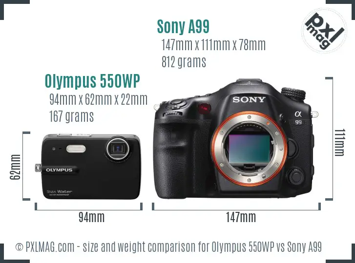 Olympus 550WP vs Sony A99 size comparison