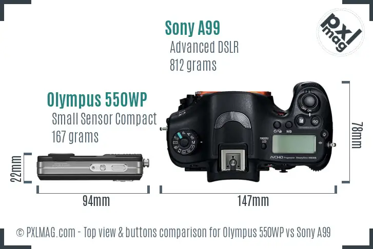 Olympus 550WP vs Sony A99 top view buttons comparison