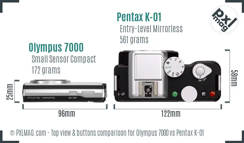 Olympus 7000 vs Pentax K-01 top view buttons comparison
