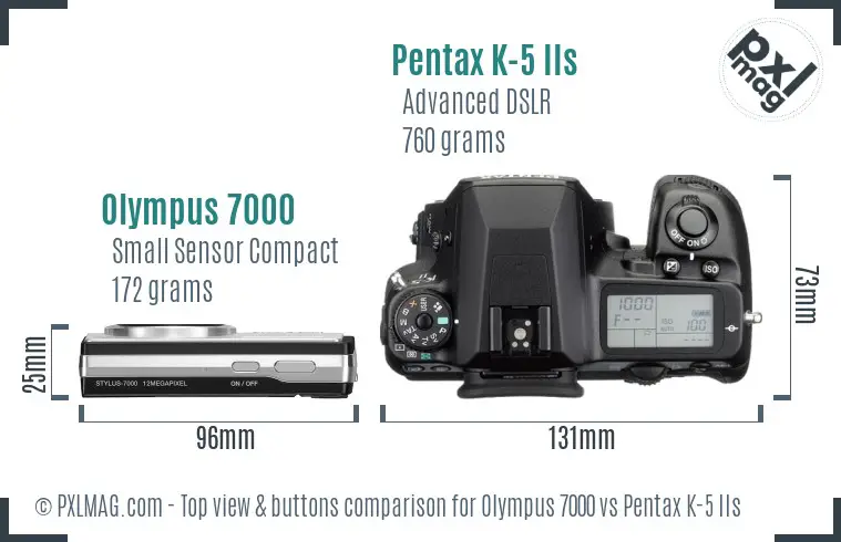 Olympus 7000 vs Pentax K-5 IIs top view buttons comparison