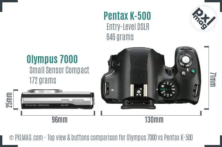 Olympus 7000 vs Pentax K-500 top view buttons comparison