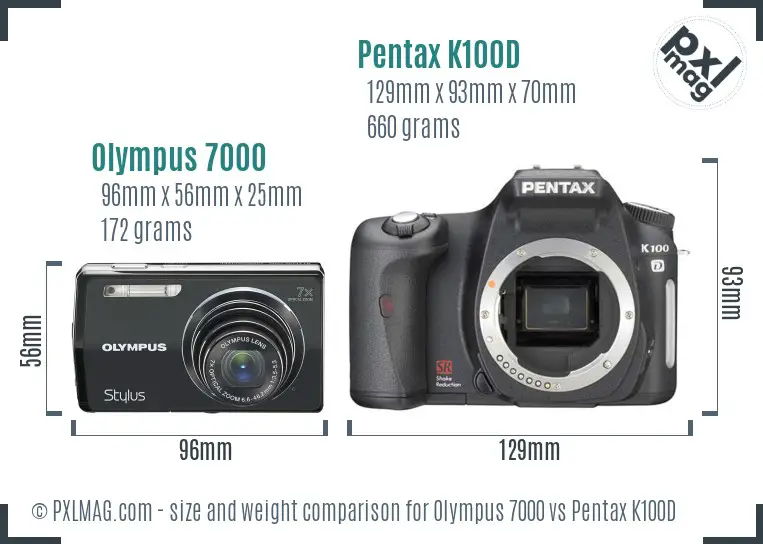 Olympus 7000 vs Pentax K100D size comparison