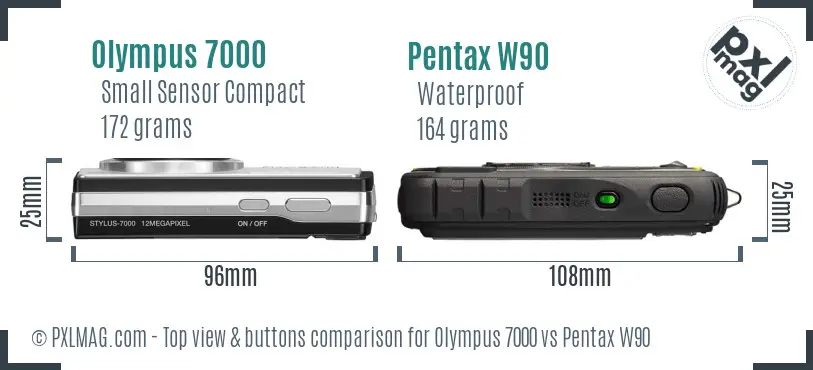 Olympus 7000 vs Pentax W90 top view buttons comparison