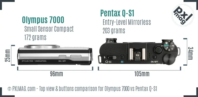 Olympus 7000 vs Pentax Q-S1 top view buttons comparison