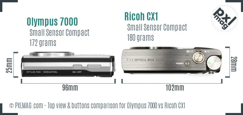 Olympus 7000 vs Ricoh CX1 top view buttons comparison