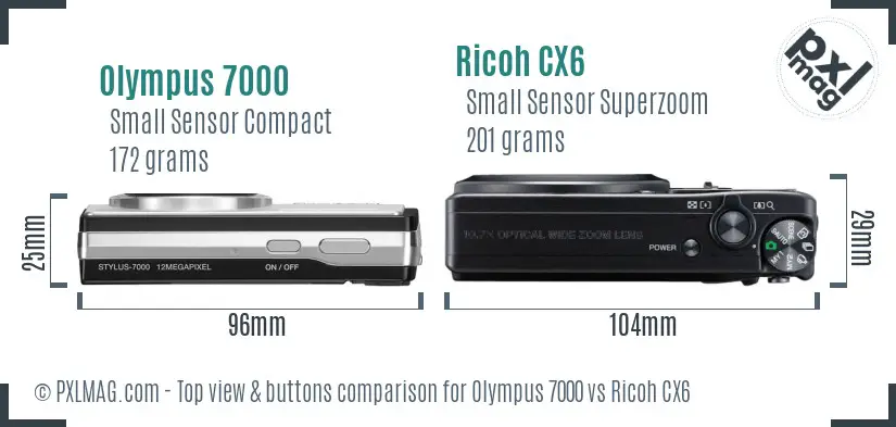 Olympus 7000 vs Ricoh CX6 top view buttons comparison