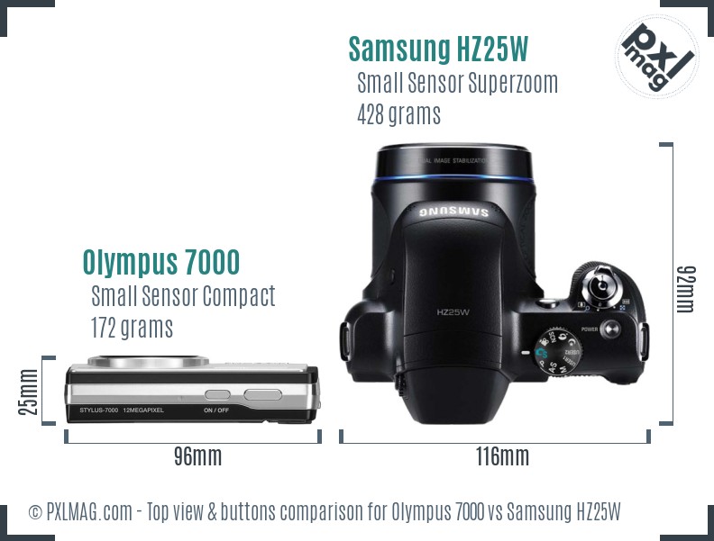 Olympus 7000 vs Samsung HZ25W top view buttons comparison