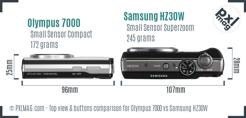 Olympus 7000 vs Samsung HZ30W top view buttons comparison