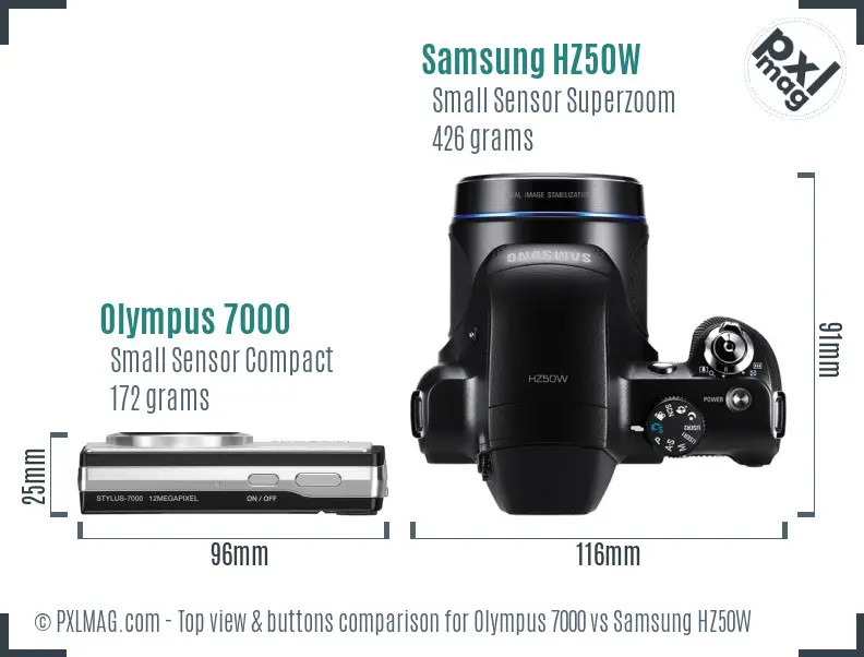 Olympus 7000 vs Samsung HZ50W top view buttons comparison Olympus 7000 vs Samsung HZ50W top view buttons comparison