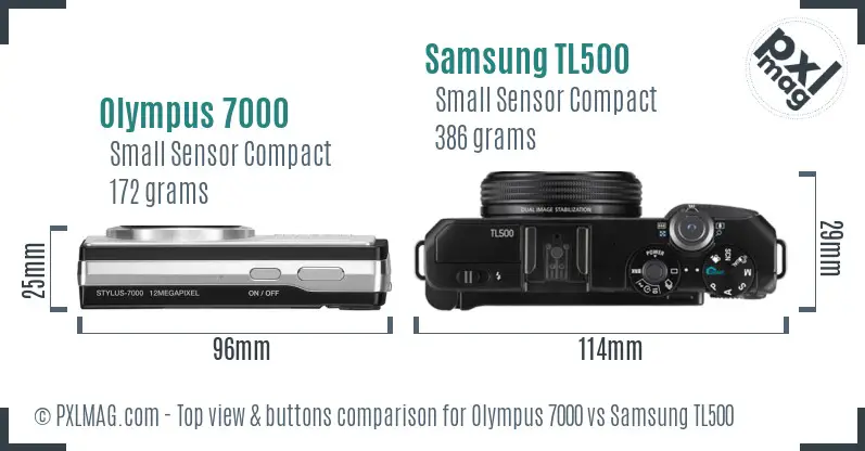 Olympus 7000 vs Samsung TL500 top view buttons comparison Olympus 7000 vs Samsung TL500 top view buttons comparison
