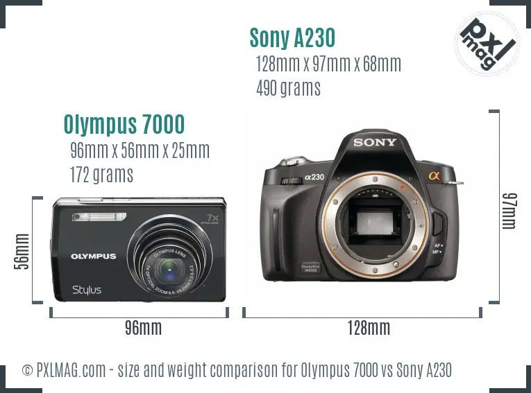 Olympus 7000 vs Sony A230 size comparison