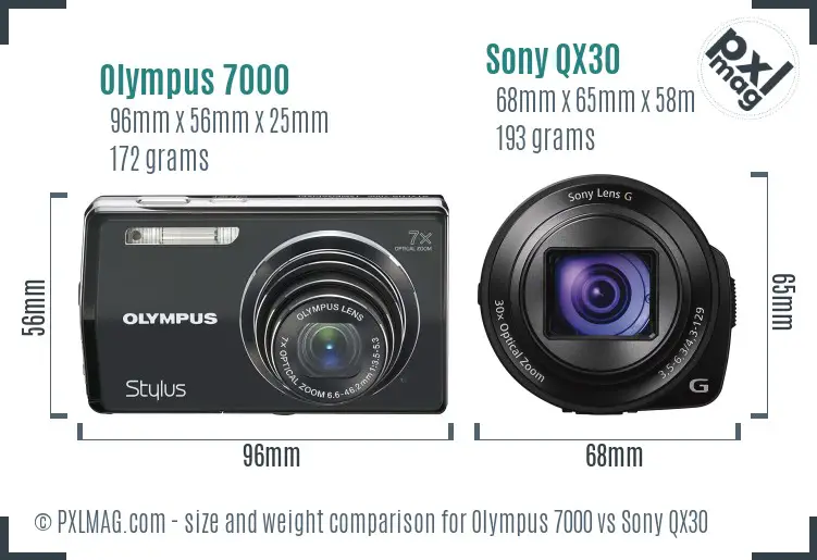 Olympus 7000 vs Sony QX30 size comparison