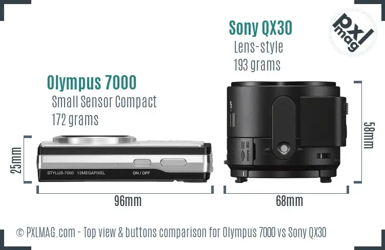 Olympus 7000 vs Sony QX30 top view buttons comparison