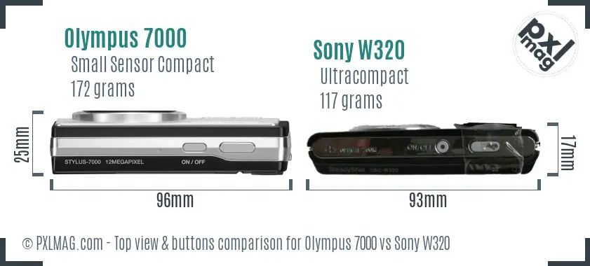Olympus 7000 vs Sony W320 top view buttons comparison