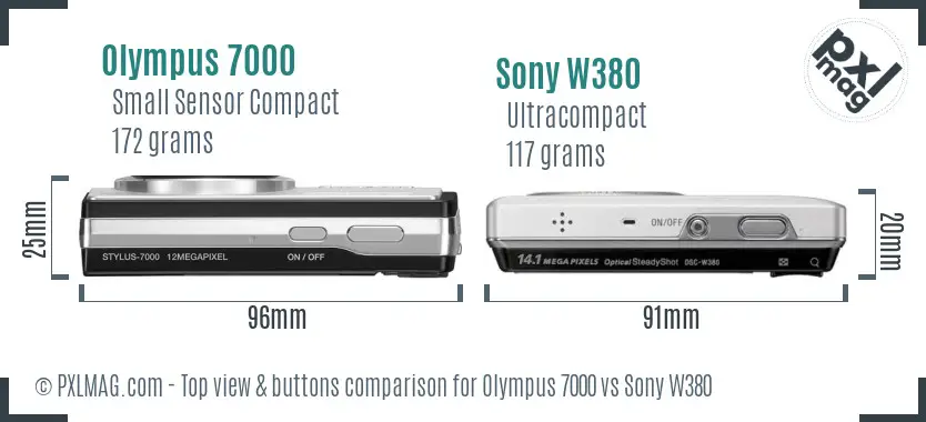 Olympus 7000 vs Sony W380 top view buttons comparison Olympus 7000 vs Sony W380 top view buttons comparison