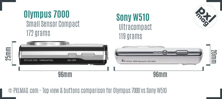 Olympus 7000 vs Sony W510 top view buttons comparison Olympus 7000 vs Sony W510 top view buttons comparison