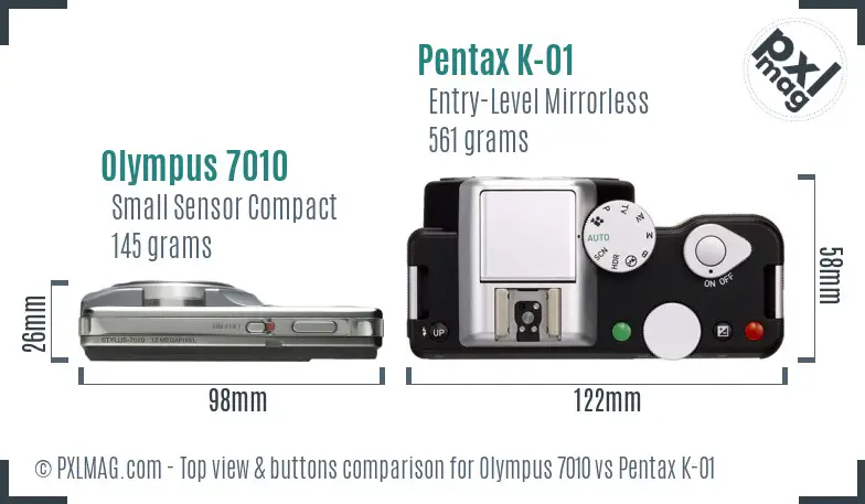 Olympus 7010 vs Pentax K-01 top view buttons comparison