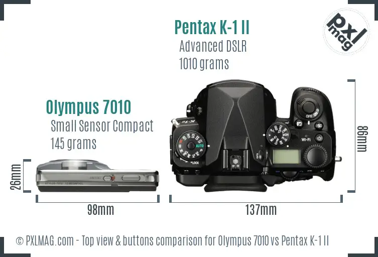 Olympus 7010 vs Pentax K-1 II top view buttons comparison