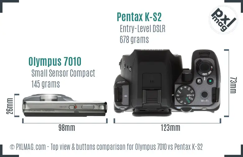 Olympus 7010 vs Pentax K-S2 top view buttons comparison