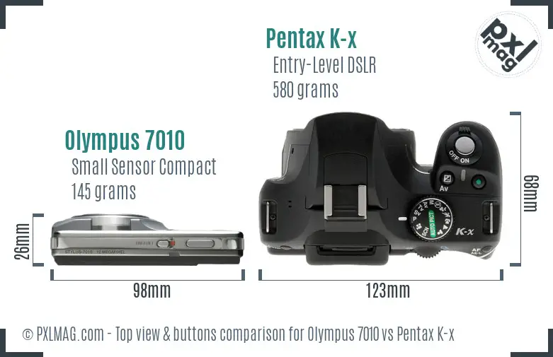 Olympus 7010 vs Pentax K-x top view buttons comparison
