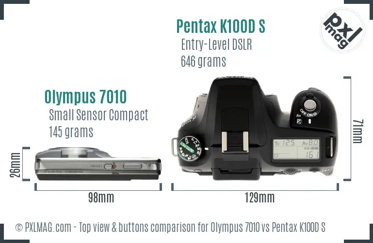 Olympus 7010 vs Pentax K100D S top view buttons comparison