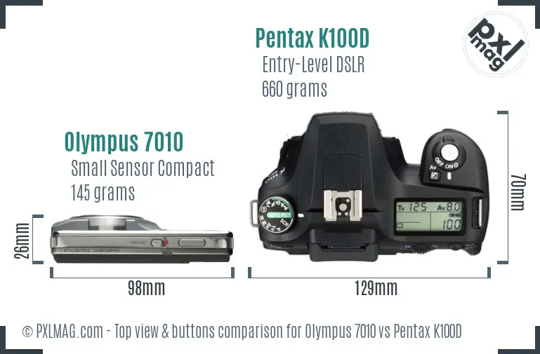 Olympus 7010 vs Pentax K100D top view buttons comparison