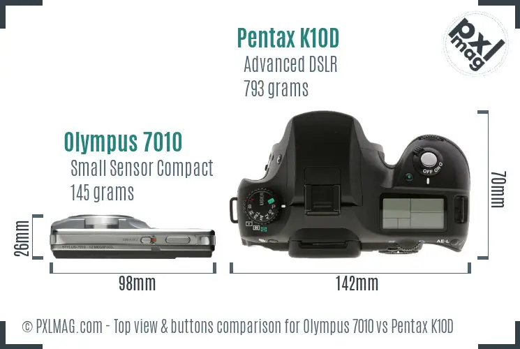 Olympus 7010 vs Pentax K10D top view buttons comparison