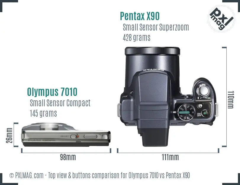 Olympus 7010 vs Pentax X90 top view buttons comparison Olympus 7010 vs Pentax X90 top view buttons comparison
