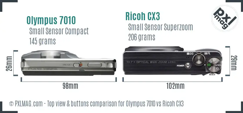 Olympus 7010 vs Ricoh CX3 top view buttons comparison
