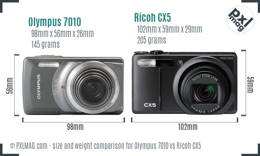 Olympus 7010 vs Ricoh CX5 size comparison