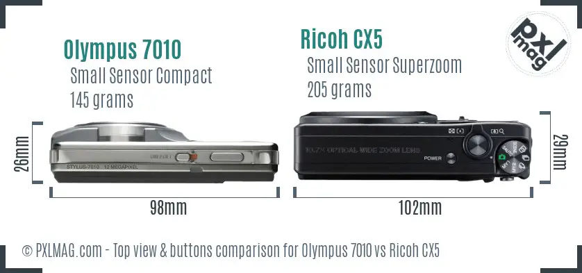 Olympus 7010 vs Ricoh CX5 top view buttons comparison