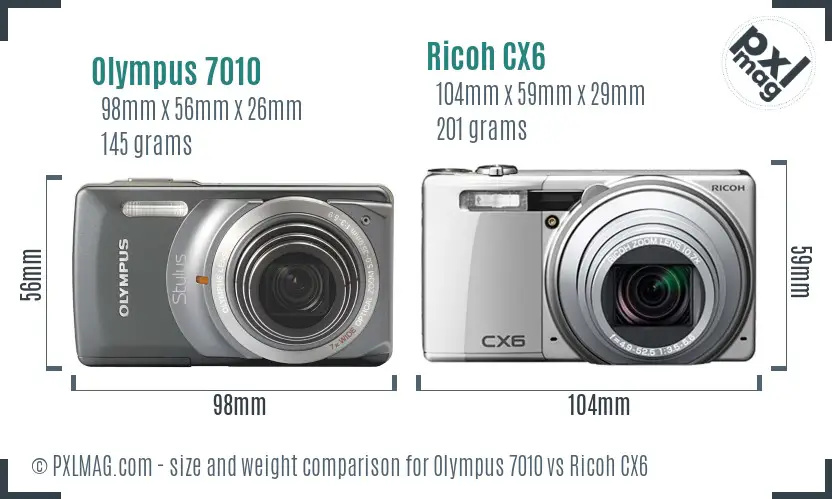 Olympus 7010 vs Ricoh CX6 size comparison