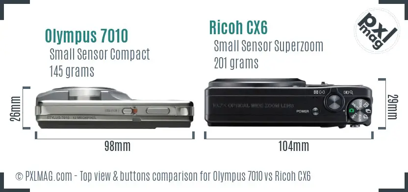 Olympus 7010 vs Ricoh CX6 top view buttons comparison