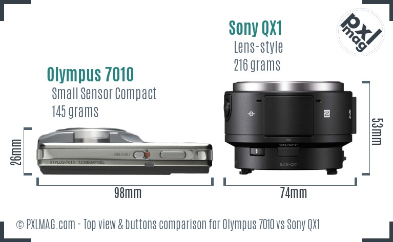 Olympus 7010 vs Sony QX1 top view buttons comparison