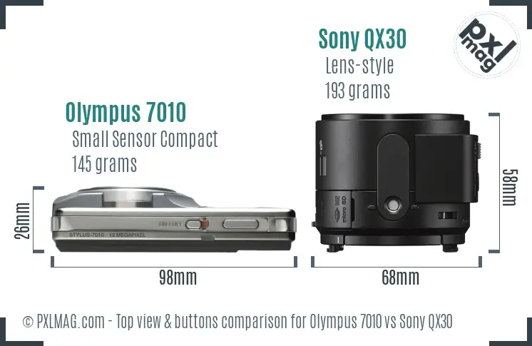 Olympus 7010 vs Sony QX30 top view buttons comparison Olympus 7010 vs Sony QX30 top view buttons comparison