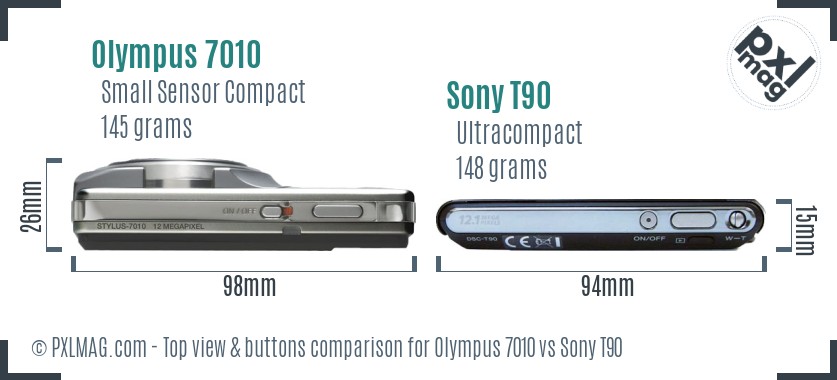 Olympus 7010 vs Sony T90 top view buttons comparison