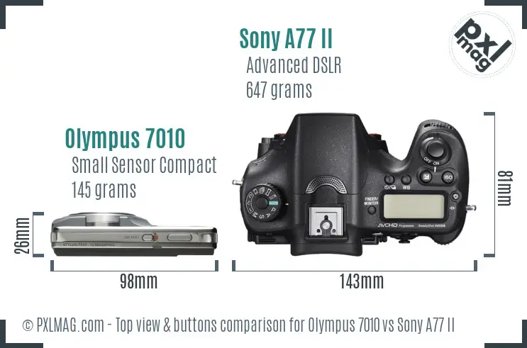 Olympus 7010 vs Sony A77 II top view buttons comparison Olympus 7010 vs Sony A77 II top view buttons comparison