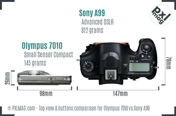 Olympus 7010 vs Sony A99 top view buttons comparison Olympus 7010 vs Sony A99 top view buttons comparison