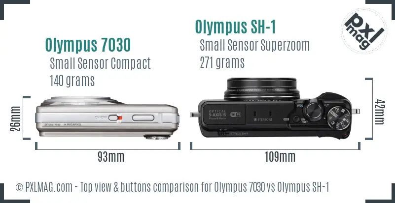Olympus 7030 vs Olympus SH-1 top view buttons comparison
