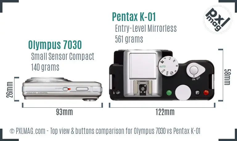 Olympus 7030 vs Pentax K-01 top view buttons comparison