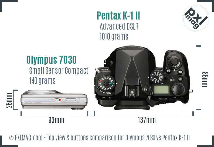 Olympus 7030 vs Pentax K-1 II top view buttons comparison