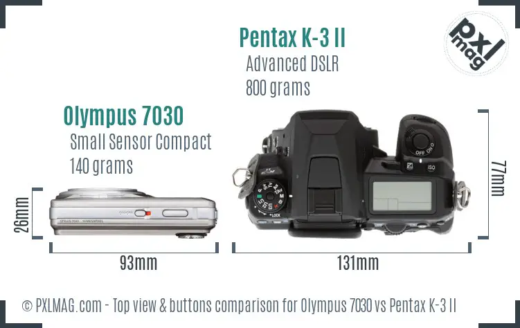 Olympus 7030 vs Pentax K-3 II top view buttons comparison