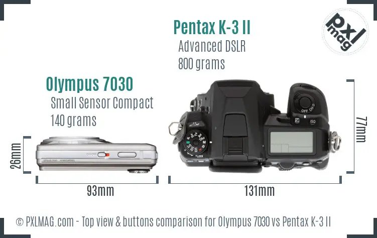Olympus 7030 vs Pentax K-3 II top view buttons comparison Olympus 7030 vs Pentax K-3 II top view buttons comparison
