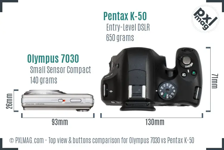 Olympus 7030 vs Pentax K-50 top view buttons comparison