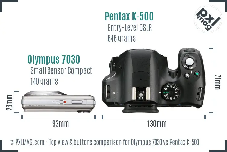 Olympus 7030 vs Pentax K-500 top view buttons comparison