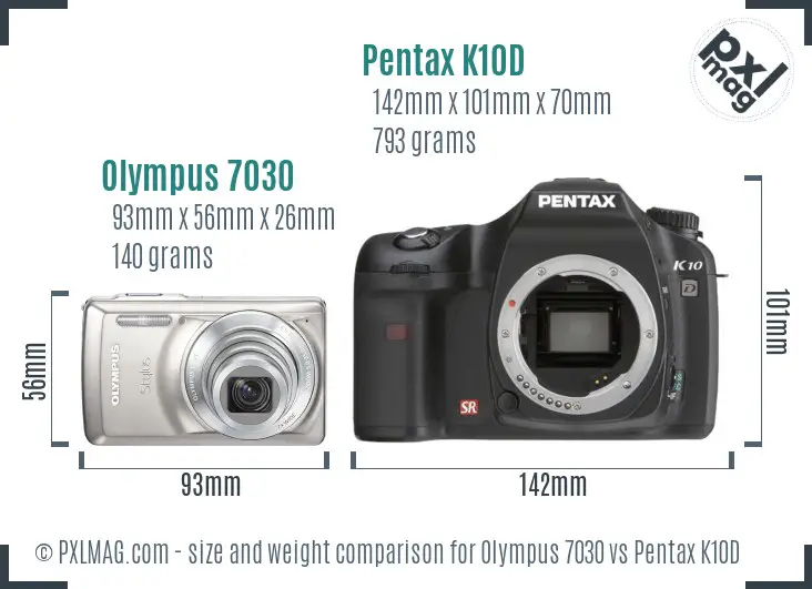 Olympus 7030 vs Pentax K10D size comparison